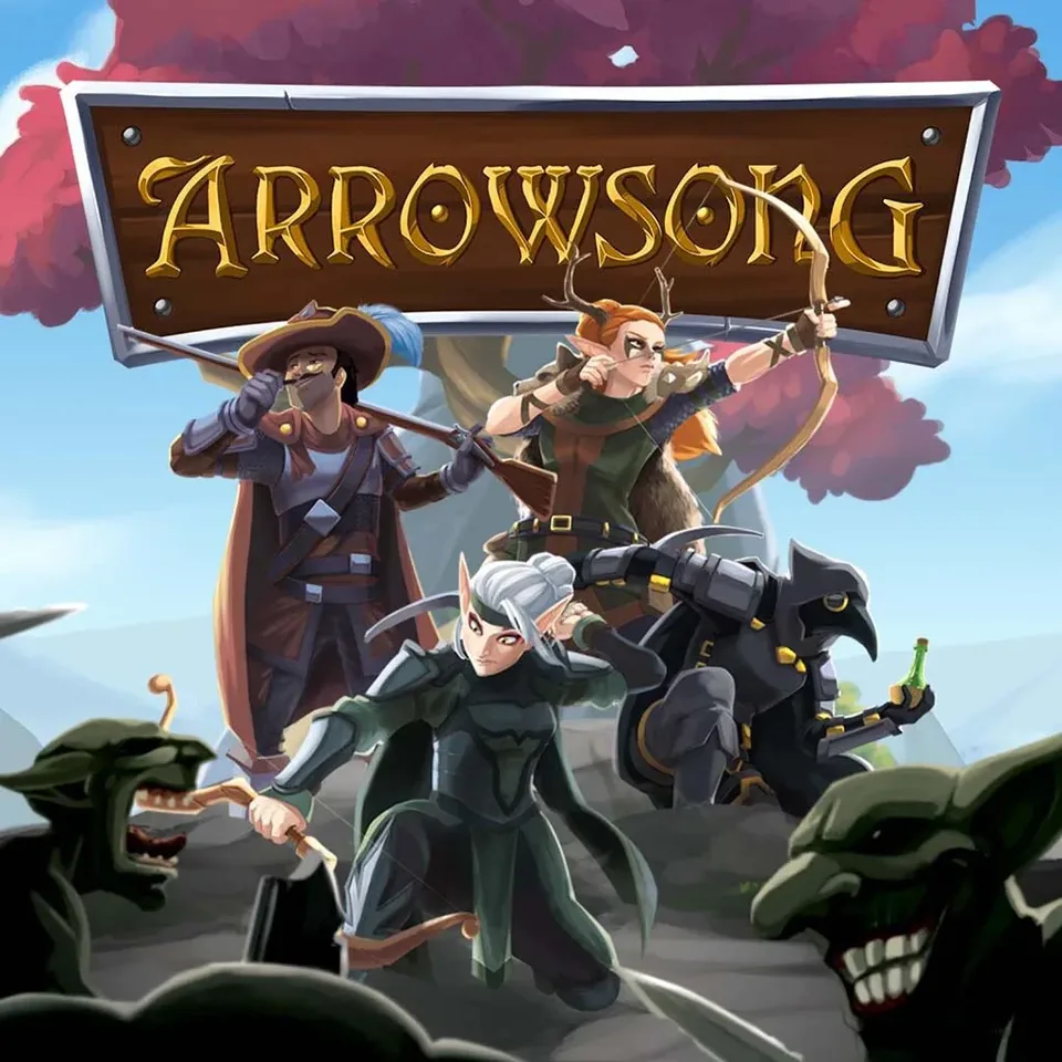 Arrowsong-Titelmotiv mit vier Fantasyhelden unter dem Spielschriftzug.