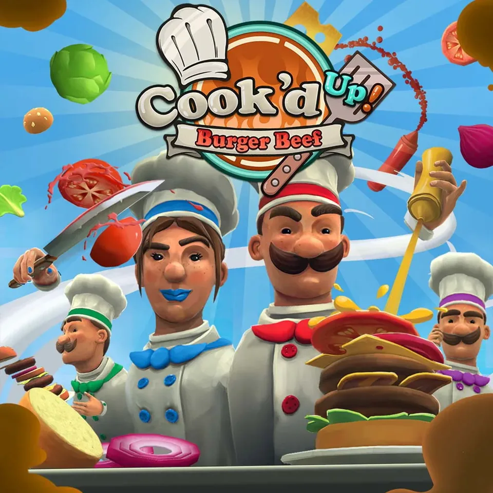 Cook'd Up-Titelmotiv mit Köchen, Burger und fliegenden Zutaten.