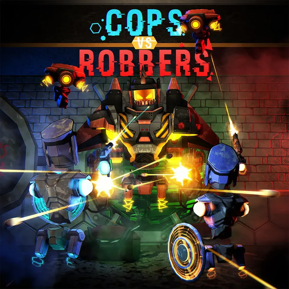 Cops vs Robbers-Titelmotiv mit Robotern und leuchtenden Projektilen.