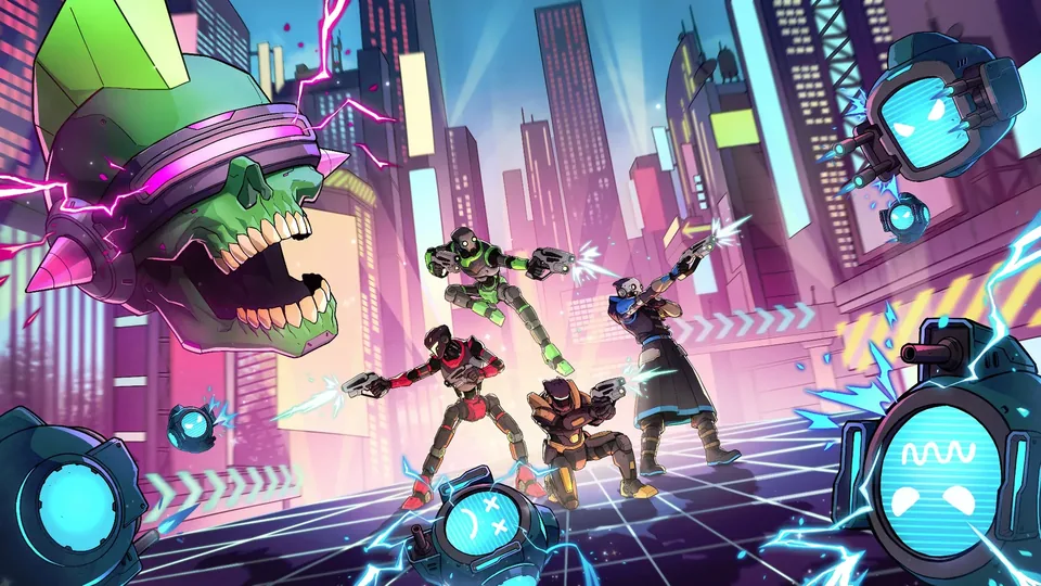 CyberShock: Kampf gegen einen riesigen Roboterkopf in einer neonfarbenen Stadt.