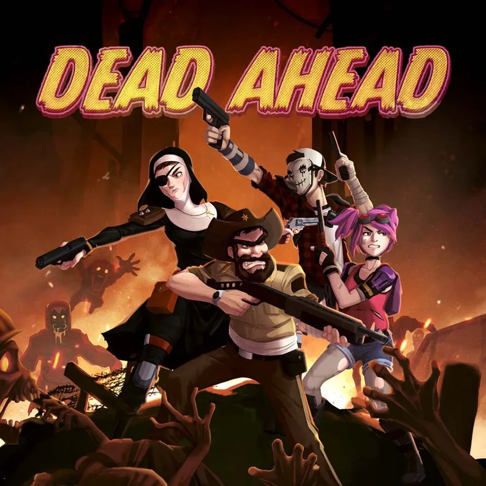 Dead Ahead-Titelmotiv mit bewaffneten Figuren vor orangefarbenem Hintergrund.