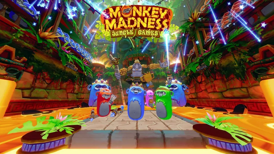 Monkey Madness-Titelmotiv mit bunten Affen unter dem Schriftzug Jungle Games.