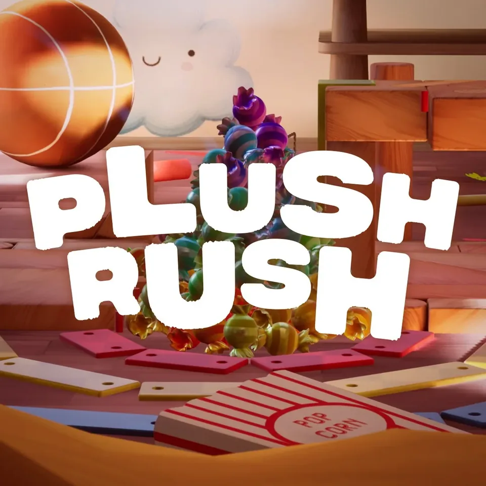 Plush Rush-Titelmotiv mit weißem Schriftzug vor Spielzeug und einem Basketball.