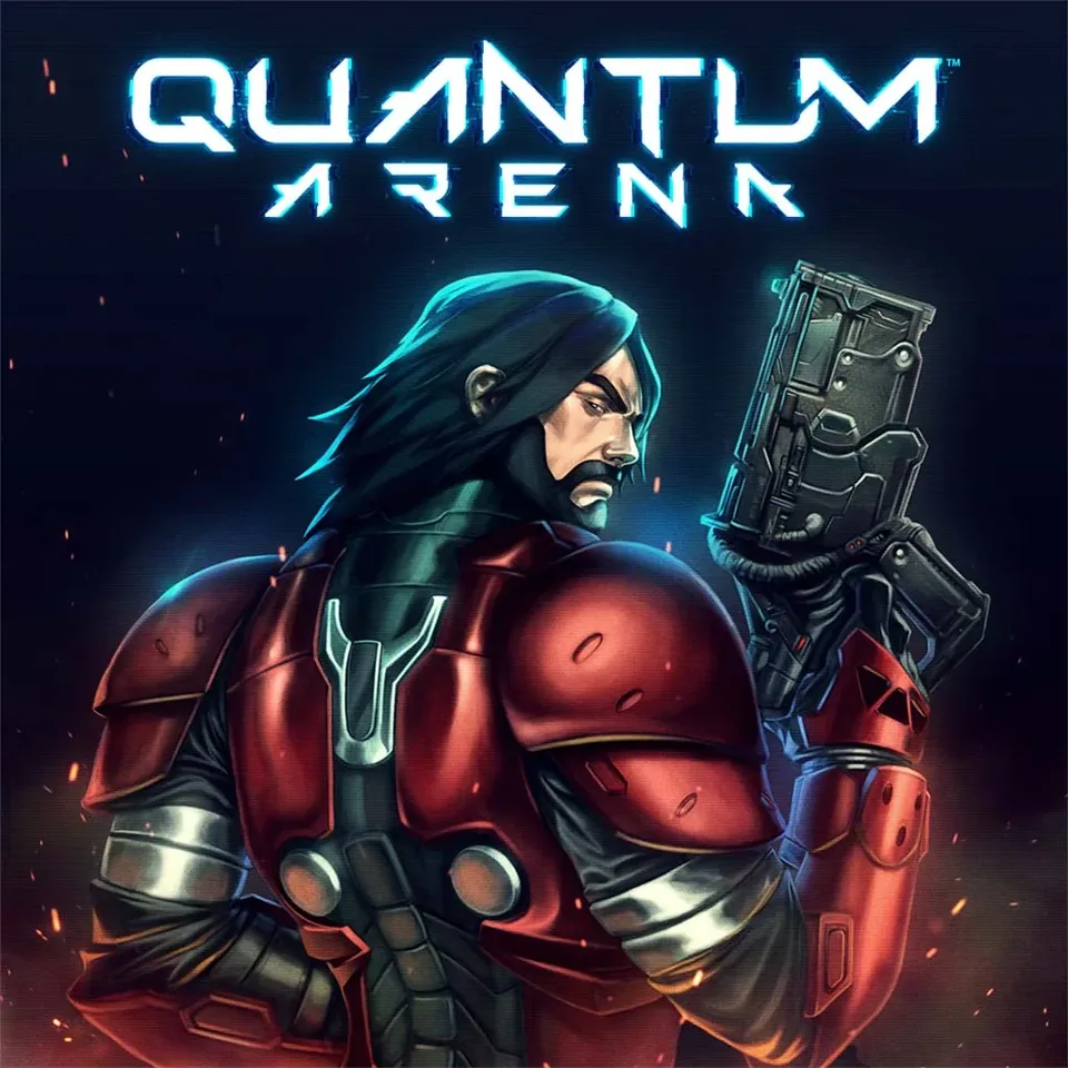 Quantum Arena-Titelmotiv mit einer Figur in roter Rüstung und futuristischer Waffe.