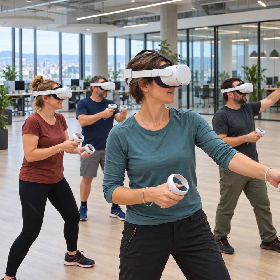 Bildmontage: vier Erwachsene mit VR-Brillen und Controllern auf einer freigeräumten Fläche in einem großen Büro.