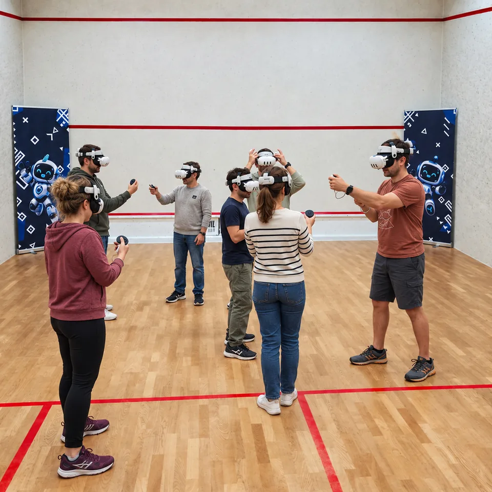 Sieben Erwachsene mit VR-Headsets und Controllern beim gemeinsamen Spielen in einem Squashcourt.