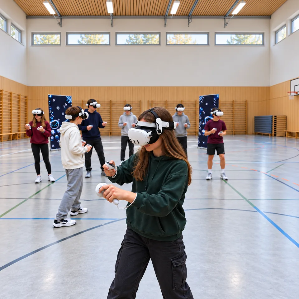 VR Mobil: sieben Personen mit VR-Headsets und Controllern in einem Turnsaal mit hoch liegenden Fenstern – Bildmontage.